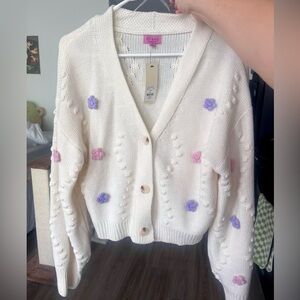 Francesca’s Miami Ivory Cardigan with Purple and Pink Floral Details